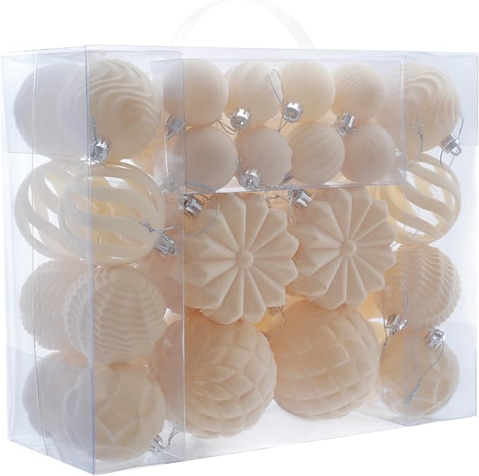 Velvet Christmas Balls 48pcs Flocked Christmas Tree Ornaments Set Shatterproof Christmas Ornaments with Hanging Rings Suitable for Xmas Tree Holiday Decor(Creamy White)