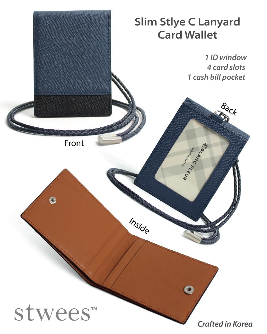 stwees Slim Leather Lanyard Wallet, Folding Card Holder with Snap Button, ID Badge Neck Wallet Set (Two-Tone, Brown)