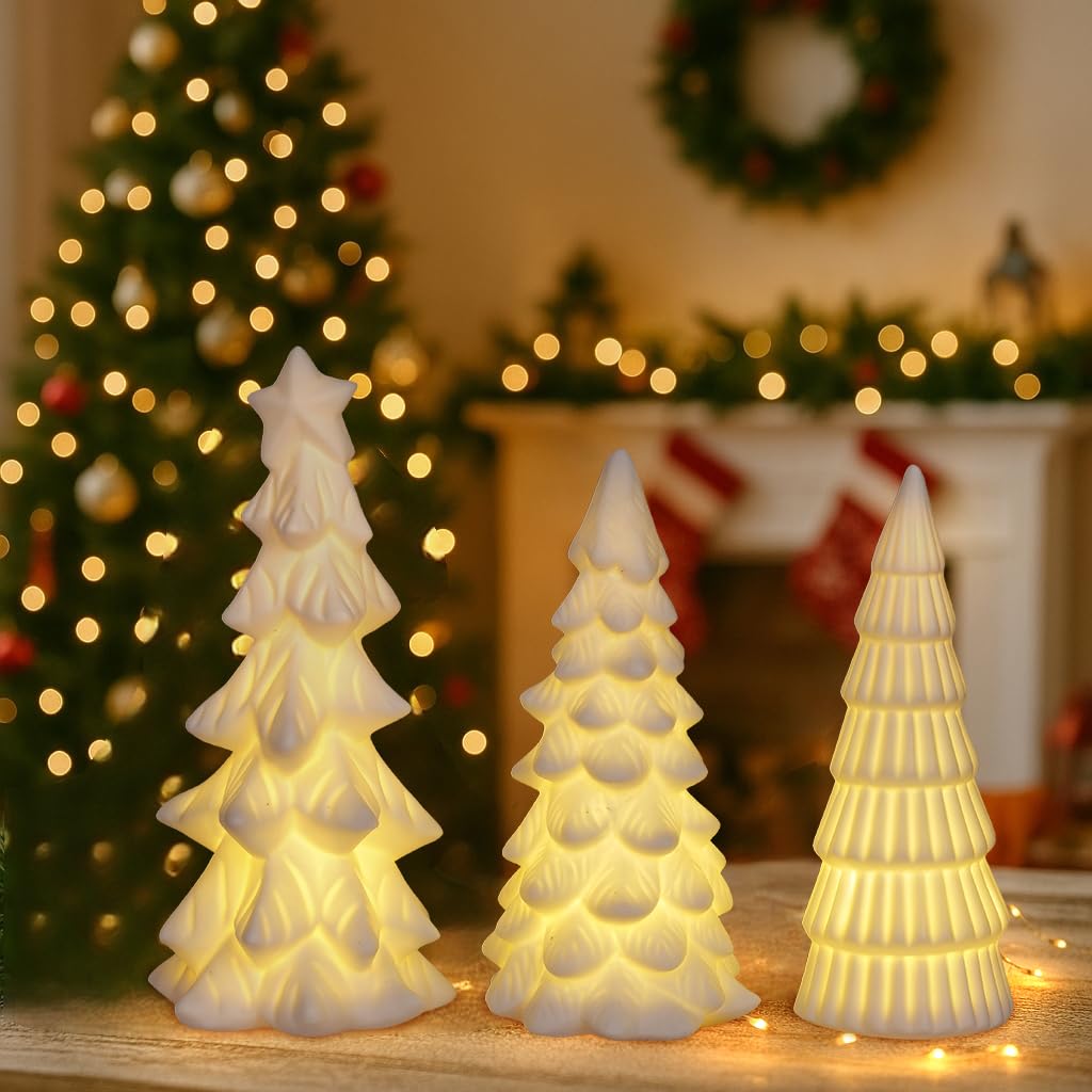 Dlfghos Lighted Ceramic Christmas Tree Decor 3Pcs Small White Christmas Trees with Lights Xmas Tree Figurines for Tabletop Mantel Shelf Fireplace Holiday Decorations for Home and Gift