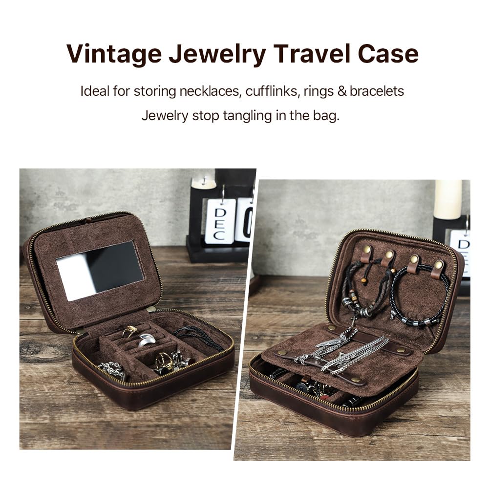 CONTACTS Full Grain Leather Jewelry Box for Men Travel Jewelry Organizer by Handmade Zipper Jewelry Cufflinks Ring Necklace Bracelet Storage Case with Mirror, Rectangular+mirror, Coffee