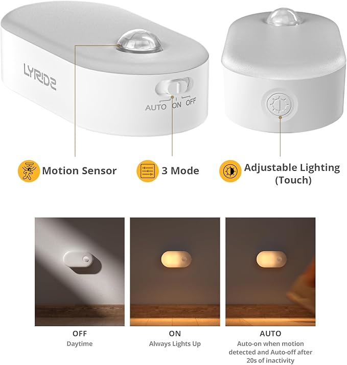 Lyridz Rechargeable Battery Night Light with Motion Sensor, Portable Mini Warm White LED Stick-on Closet Light, Adjustable Brightness for Bathroom, Bedroom, Kitchen, Cabinet, Stairs, Hallway, 2-Pack