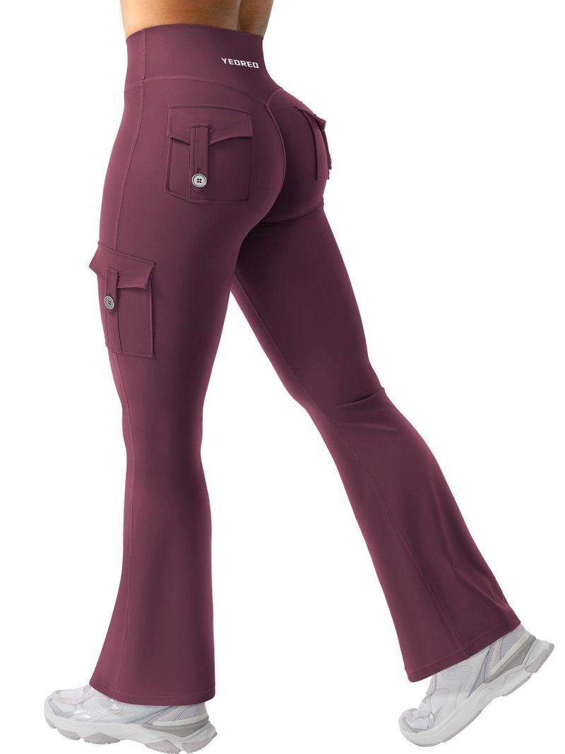 YEOREO CoreFlex Women Workout Flare Leggings with Pockets Scrunch Cargo Gym Yoga Leggings Black Cherry S
