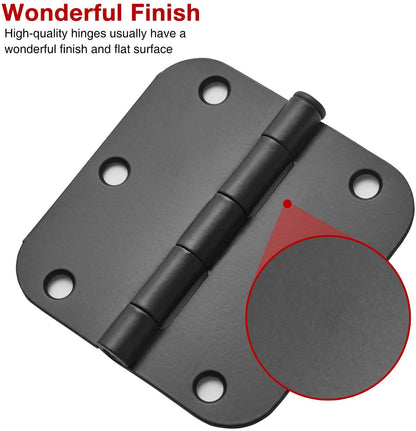 108 Pack Rounded Matte Black Door Hinges 3.5 Inch 5/8" Radius for Interior 3 1/2" Flat Iron Bifold Residential Standard Hinge Bedroom Indoor for Doors 3 ½"Hardware Heavy Duty Steel Regular Home Kit