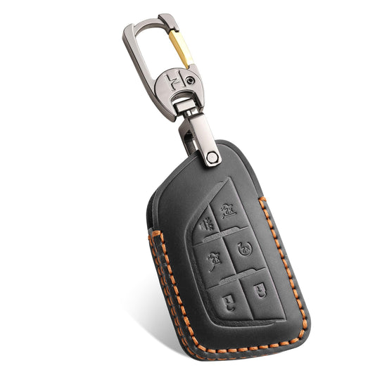 QBUC for Cadillac Premium Leather Key Fob Cover, for Cadillac Escalade CT4 CT5 Lyriq 2021-2025 XT4 XT5 2024 2025 (Black, 6-Button)