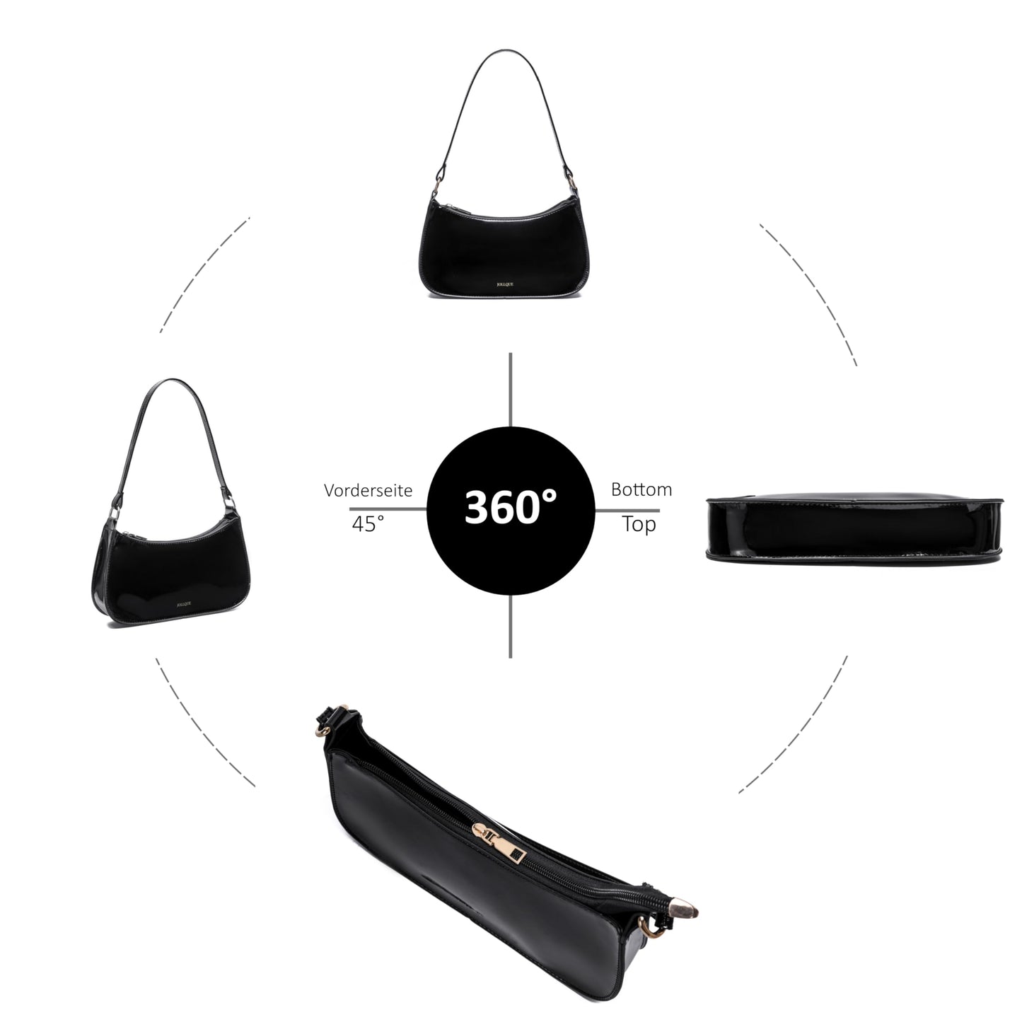 JOLLQUE Small Shoulder Bag for Women, Small Under the Arm Patent Leather Purses, Mini Purse Clutch Y2k Jelly Handbag Zipper Square Satchel Crossbody Bags(Black)