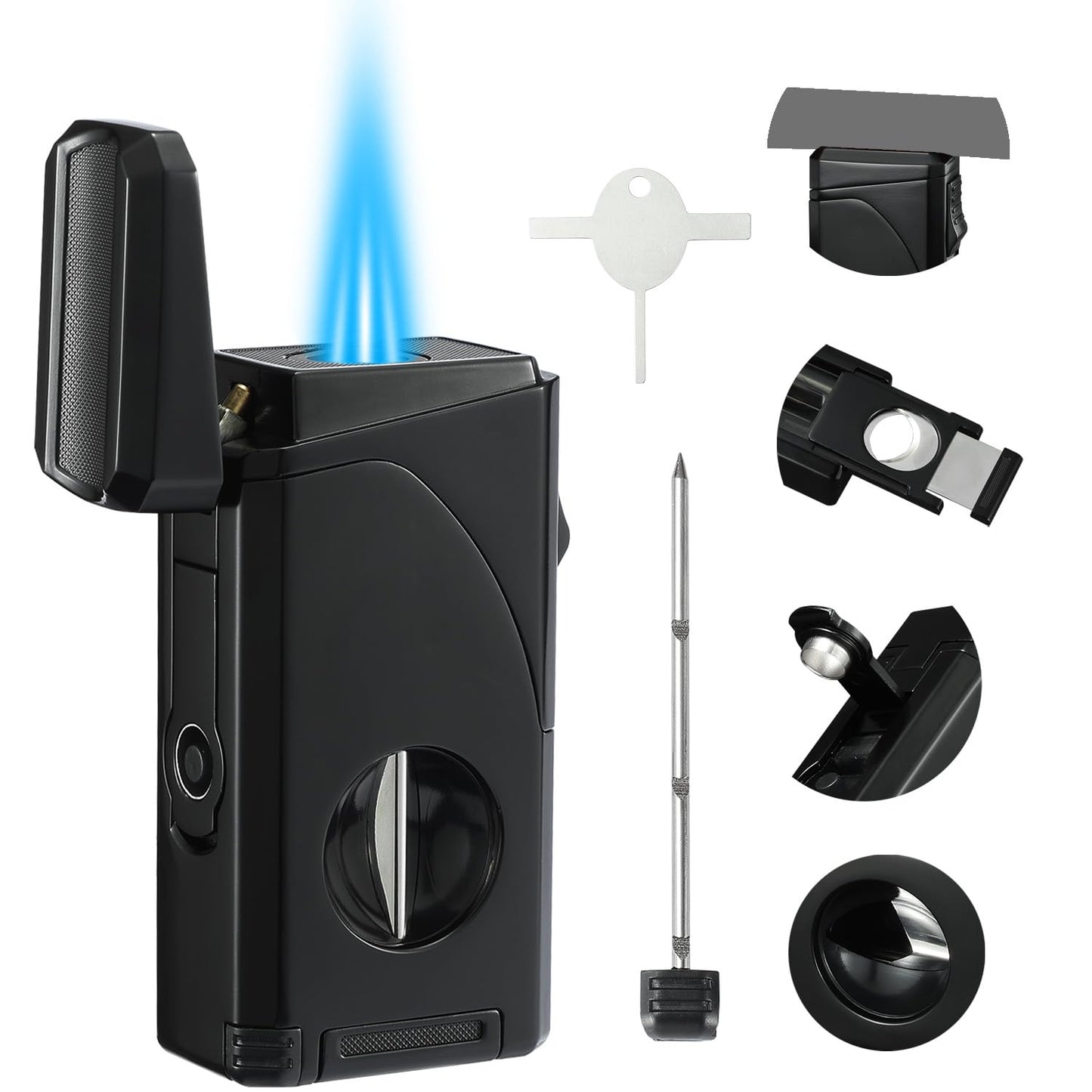 All in One Triple Jet Flame Butane Torch Lighter, Built-in Cutter, Cutter V Cut, Punch, Holder Function, Draw Enhancer Tool, Refillable and Adjustable Windproof Lighter. Black(Sold Without Gas)