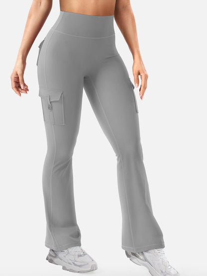 YEOREO CoreFlex Women Workout Flare Leggings with Pockets Scrunch Cargo Gym Yoga Leggings Light Gray XXL