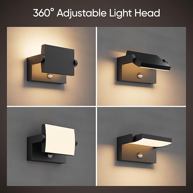 40W Motion Sensor Outdoor Wall Lights, 3000K Black LED Light Fixture, IP65 Waterproof Exterior Porch Light, 360 ° Adjustable Head Flood Wall Lighting for House