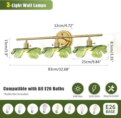 3 Light Bathroom Lighting fixtures Over Mirror, Gold brass Wall Sconce Vintage Bathroom Vanity Light Green Glass Wall Sconce mid Century Modern Wall lamp Art Deco Vanity Lights for Living Room Bedroom