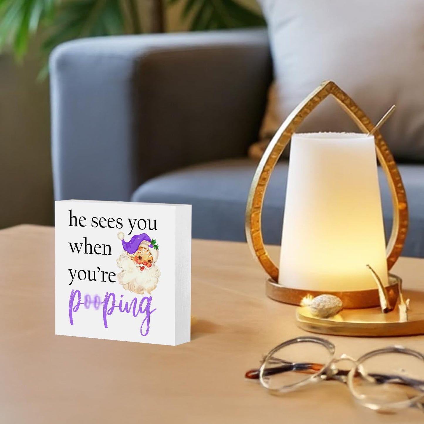 ATBWGT Funny Purple Christmas Santa Bathroom Wooden Box Sign,Santa Bathroom Decor,He Sees You When You're Pooping Wood Block Plaque Signs for Bath Room Toilet Washroom Shelf Counter Decor,5x5 Inch