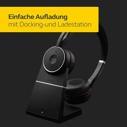Jabra Evolve 75 MS Wireless Headset, Stereo – Includes Link 370 USB Adapter and Charging Stand – Bluetooth Headset with World-Class Speakers, Active Noise-Cancelling Microphone, All Day Battery