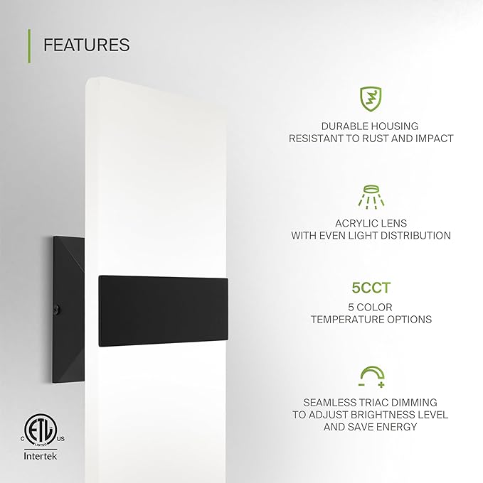 ASD 14 Inch LED Indoor Wall Sconce - Modern Interior 24W 120V 2700K-5000K Adjustable Dimmable Wall Mounted Light Fixtures, Acrylic Glass Wall Lights for Stairway, Hallway - ETL, Matte Black