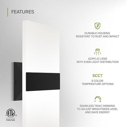 ASD 14 Inch LED Indoor Wall Sconce - Modern Interior 24W 120V 2700K-5000K Adjustable Dimmable Wall Mounted Light Fixtures, Acrylic Glass Wall Lights for Stairway, Hallway - ETL, Matte Black