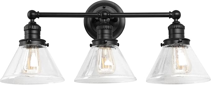 Design House Augustin Vanity Light, 3-Light, Seeded Glass Warm Glow, Dimmable, Up/Down Glow, Easy Installation, E26 Socket, Black, 25.9 in L x 8.3 in D x 11.1 in H, 589036-BLK