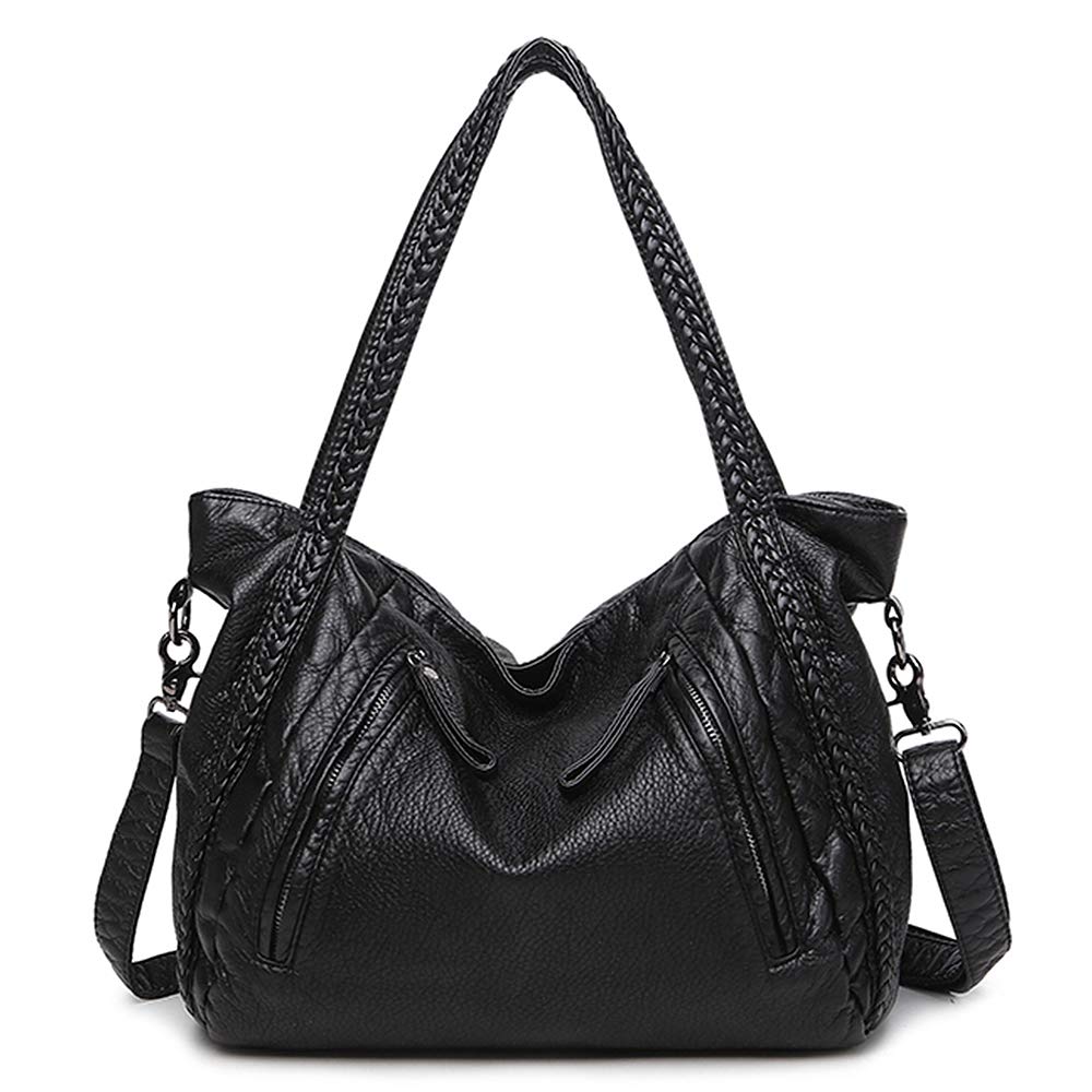 Mn&Sue Vegan Leather Hobo Bag for Women, Slouchy Shoulder Handbag with Braided Handle, Work Tote Travel Daily Purse (Medium)