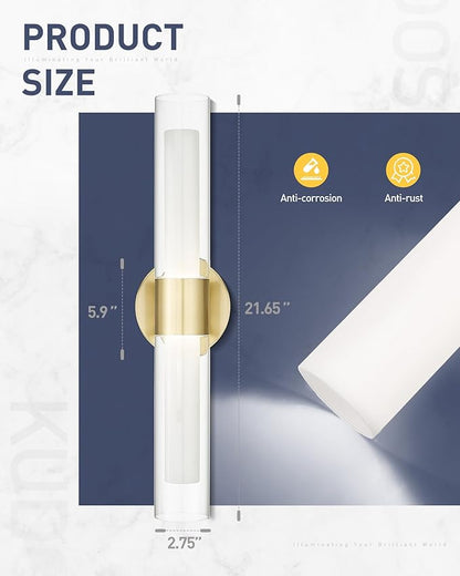 kudos Gold Bathroom Sconces Wall Lighting, Bathroom Vanity Light, Modern Wall Lights with Clear Glass and Frosted Glass,3000K/4500K/6000K Adjustable, KDVL06-GD-2