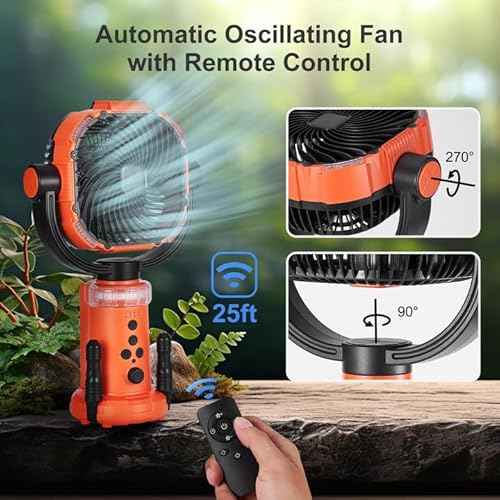 Odoland 20000mAh Camping Fan with Lantern, 360¡Æ Oscillation Rechargeable Battery Operated Outdoor Power Fan with Remote, Hook £¦ RGB Light for Camp, Family Travel and Jobsite, Orange