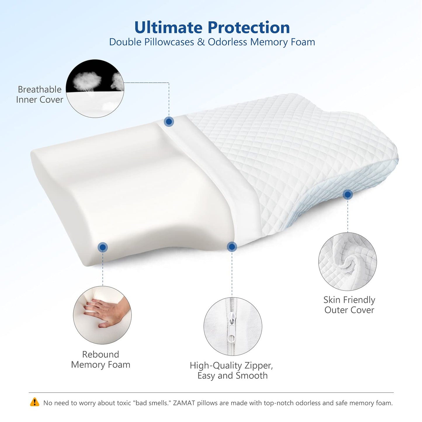 ZAMAT Memory Foam Pillow for Neck Pain Relief, Adjustable Orthopedic Ergonomic Cervical Pillow for Sleeping with Washable Cover, Bed Pillows for Side, Back, Stomach Sleepers