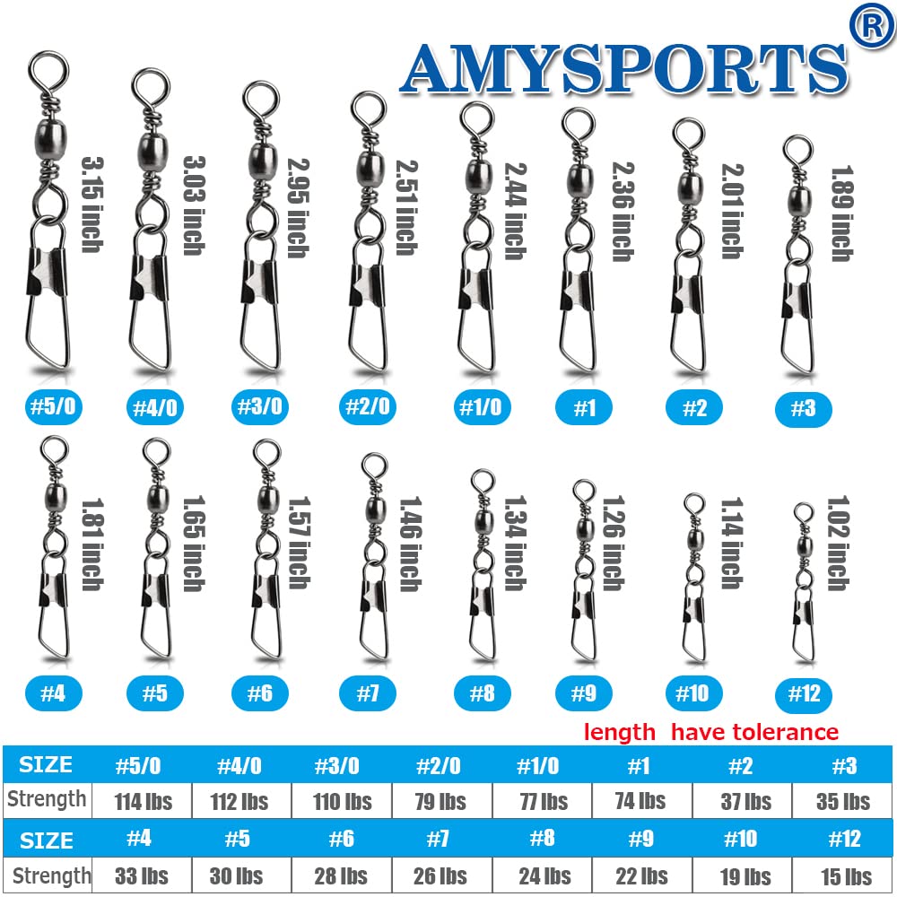 AMYSPORTS Stainless Steel Snap Swivel Saltwater High Strength Snaps Fishing Barrel Line Connector Fishing Swivels Barrel Safety Snap Fishing Tackle Stainless Steel Accessories 50pcs 74lbs