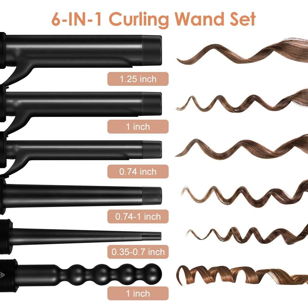 6-in-1 Curling Iron, Professional Instant Heat Up Hair Curling Wand Set with 6 Interchangeable Ceramic Barrels (0.35'' to 1.25'') and 2 Temperature Adjustments, Heat Protective Glove & 2 Clips