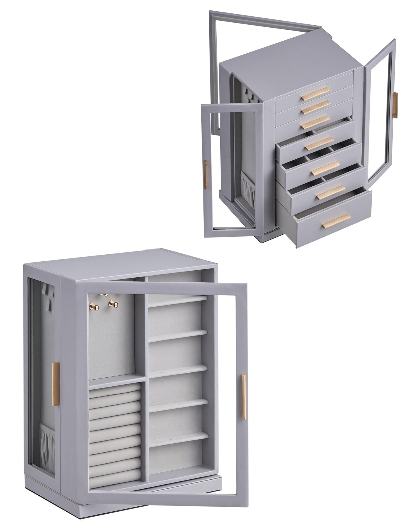 Glimmloop 360° Rotating Jewelry Box with 7 Drawers, Spacious Vertical Jewelry Organizer with Glass Window, Jewelry Storage Case, Dustproof & Moisture-resistant Design, Grey