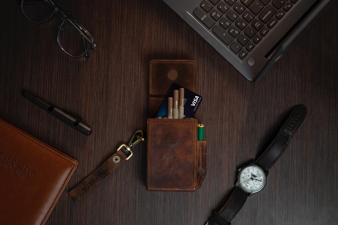 Truffle Brown Leather Flip Top Cigarette Case - Luxury Holder for Women & Men, Up to 100s Cigarette, Pack Holder with Fastener & Side Pocket for BIC Lighter