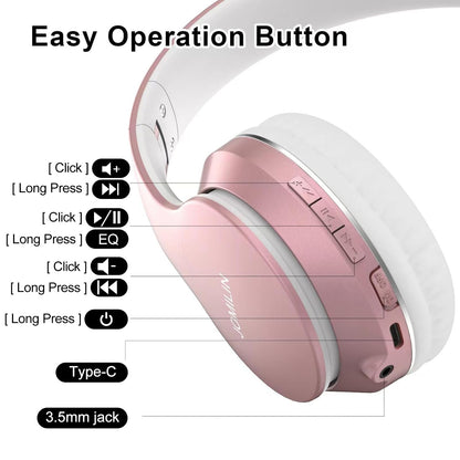 JOMILIN B9 Bluetooth Headphones Over-Ear, 3 EQ Music Modes and 50H Playtime Wireless Headphones with Mic, Hi-fi Stereo Lightweight Folding Headset, Volume Control for Travel Tablet PC (Rose Gold)
