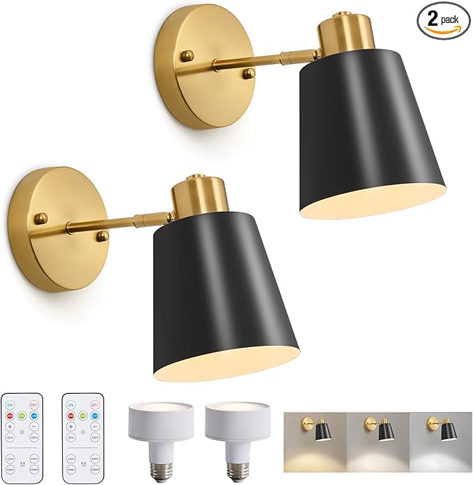 2 Pack Black and Gold Wireless Battery Operated Wall Sconces, Dimmable Battery Powered Wall Decor Set of 2, Cordless Wall Light Lamp with Remote Control for Bedroom Living Room