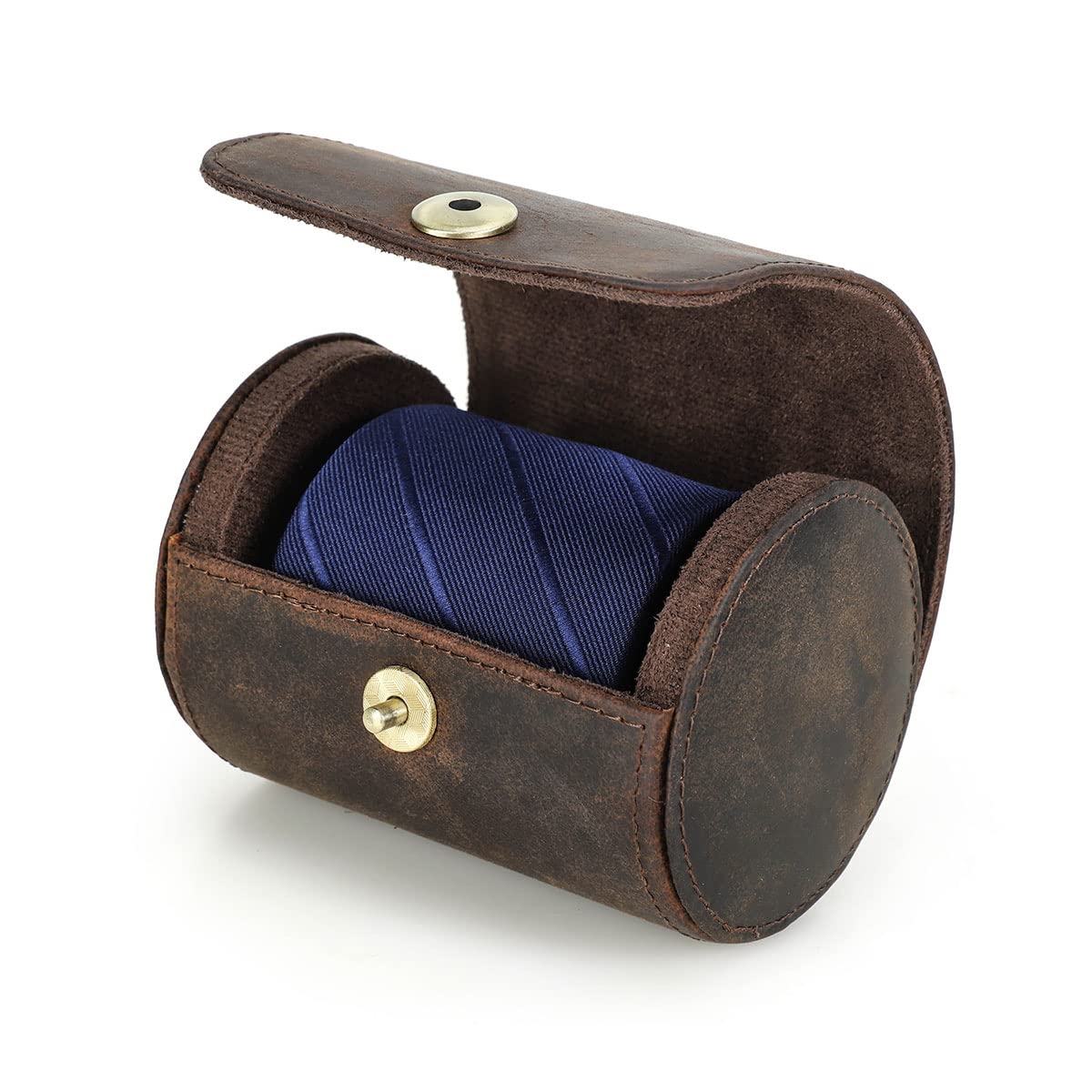 CONTACTS Tie Travel Holder for Men Crazy Horse Leather Handmade Ties Case Small Neckties Organizer Mens Tie Anti Wrinkle Storage Roll