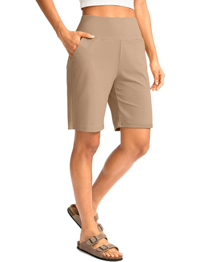 G Gradual Women's Bermuda Long Shorts with Pockets 9" High Waisted Knee Length Shorts for Women Walking Athletic Workout(Khaki,S)