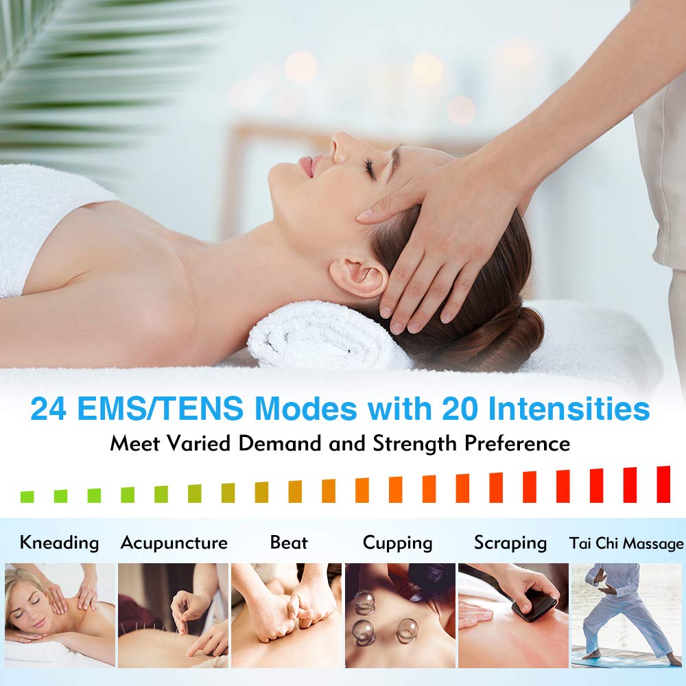 TEC.BEAN 24 Modes Tens Unit Muscle Stimulator, Rechargeable Tens Machine with 8 Electrode Pads (American Gel), Electric Pulse Massager for Pain Relief Therapy(Silver)