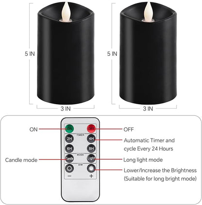 2PCS, 3 x 5 inches Flameless Candle with Remote Control, 3D Flickering Wick, Real Wax Pillar LED Candles, Battery Operated Candles,with Timer,for Holiday Home Decor, Black