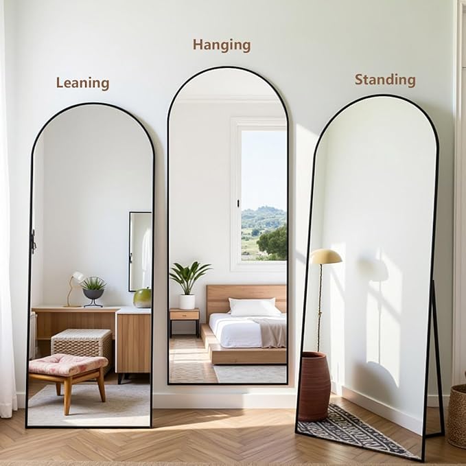 Arched Floor Mirror, 64 "x 21" Full Length Mirror Wall Mirrors Hanging or Leaning Arched-Top Full Body Mirrors with Stand for Bedroom, Dressing Room, Black