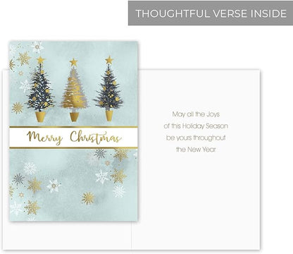 Masterpiece Christmas Tree Trio Gold Foil Holiday Cards / 16 Boxed Winter Holiday Cards With Gold Foil Lined Envelopes / 5 5/8" x 7 7/8" Folded Seasonal Greeting Cards With Inside Verse
