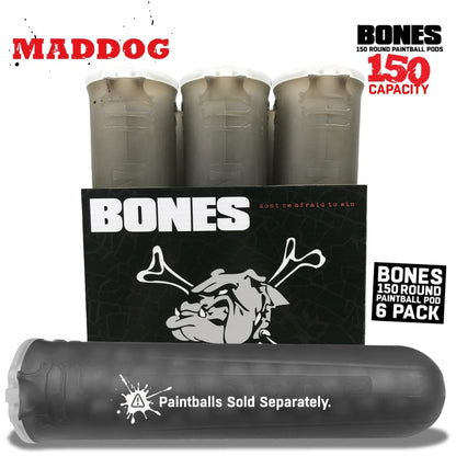 Maddog 150 Round Bones Paintball Pods | Durable Quick Reload Tubes for Tournament and Recreational Speedball Woodsball | 6 Pack - Smoke