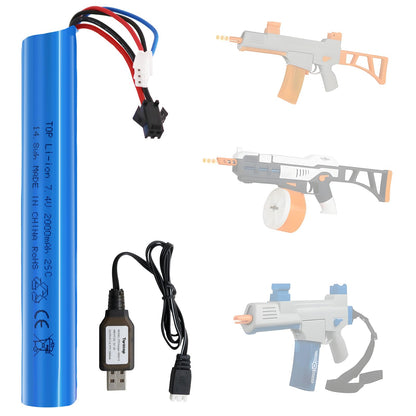 Tosiicop Airsoft Gel Blaster Battery - 7.4V 2000mAh LiPo Batteries for Splatter Ball Accessories SRB400 SRB1200 SRB400-SUB Water Bead MP5K M4 M110 with SM-2P Plug Rechargeable Charging Cable
