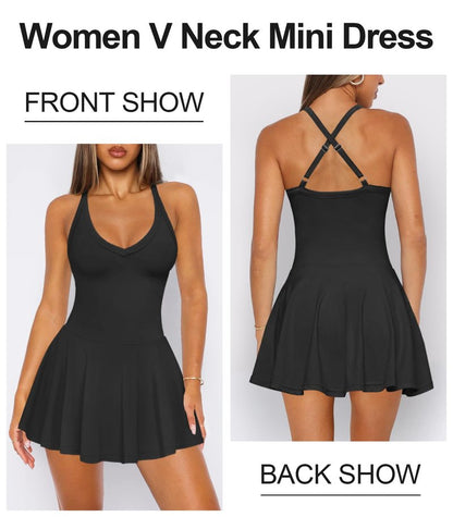Hragc Women's Sexy V Neck Pleated Flowy Tennis Black Dress for Women Medium Athletic Golf Workou Active Summer Sleeveless Tank Mini Dresses with Shorts Pockets