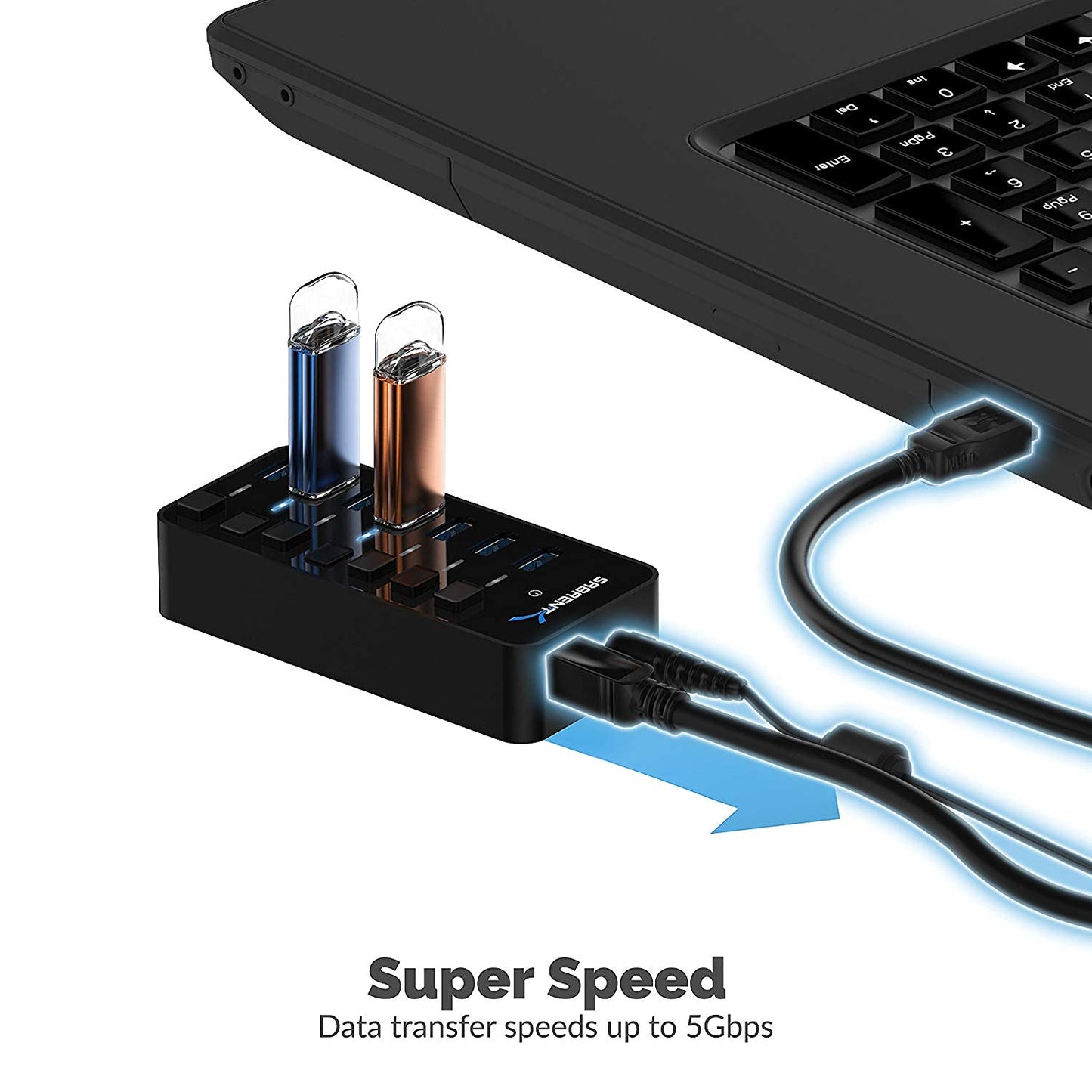 SABRENT 10-Port USB 3.0 Hub, Individual Power Switches and LEDs, 3 Smart Charging Ports, 60W Power Adapter, for PC, Mac, Xbox, PS5, Laptop, Desktop, USB Devices (HB-B7C3)