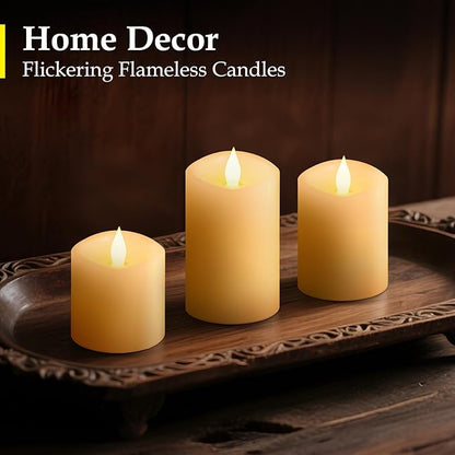 Realistic Flickering LED Flameless Candles with Timer - 3-Pack Battery-Powered Ivory Pillar Candles | Melt-Proof Plastic | Safe for Indoor/Outdoor Wedding, Birthday & Home Decor (3/4/5in Sizes)