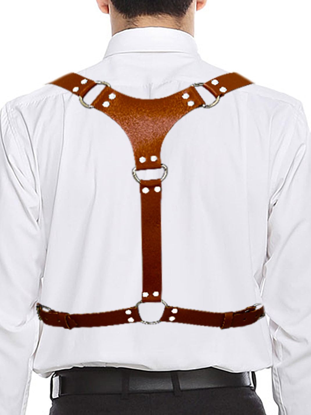 Fstrend Men's Mardi Gras Chest Harness, Brown Faux Leather Shoulder Belt Strap, Fashion Rave Outfits Body Accessory
