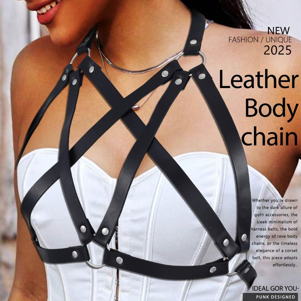 REETAN Chest Body Harness Belt Leather Fashion Black Rave Accessories for Women