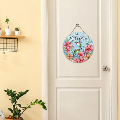 Deroro Welcome Spring Hummingbird Birds Sign for Front Door Decor, Floral Flowers Wood Door Hanger for Outdoor Outside Porch, Seasonal Summer Farmhouse Wooden Wreath Indoor Wall Hanging Decoration