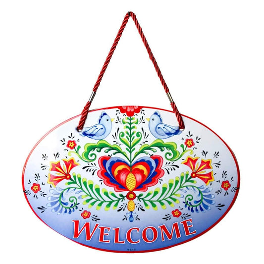 "Welcome Friends" with Attractive Lovebirds & Rosemaling Motif Welcome 11x8" Ceramic Door Sign by E.H.G.