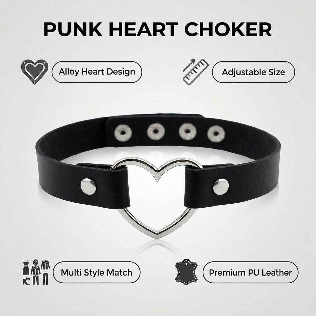 GlitterWe 2Pcs Pink Cute Sweet Y2K Adjustable PU Leather Choker, Black Punk Love Heart Collar Chain Goth Jewelry Necklace for Women