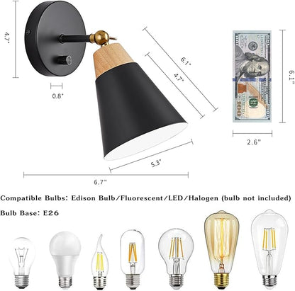 Wall Sconce Set of 2, Wall Sconce Lighting Fixture with Metal Shade, Rotary Switch, Indoor Decor Wall Mount Swing Arm Lamp for Bedroom,Hallway,Living Room,Reading, Black