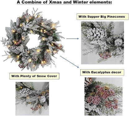 Large 28" D Pre-lit Christmas Snowy Artificial Pine Wreath w Super Big Pinecones, Succulents (35 LED Lights, 8 Flash Options) for Xmas Decor at Shop Home Front Door Living Room Wall Window (Battery)
