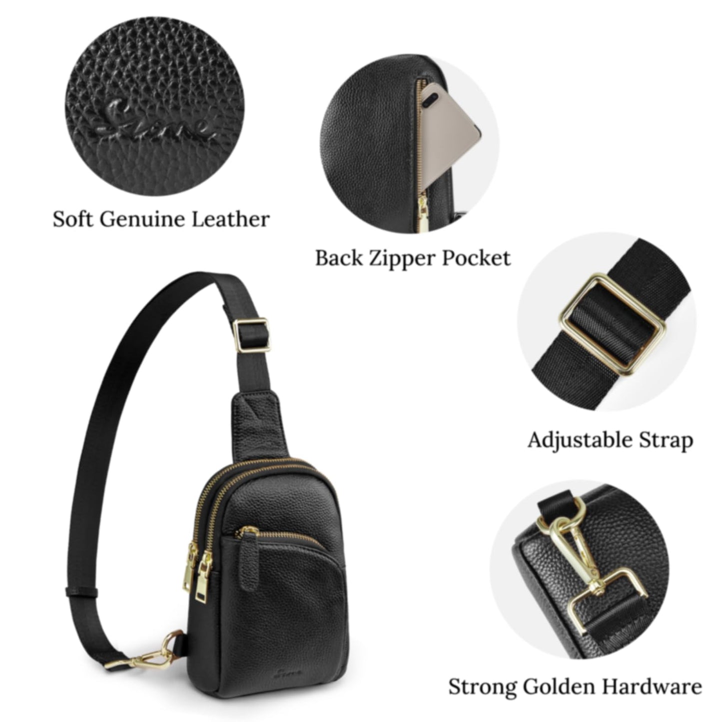 S-ZONE Small/Medium Women Leather Crossbody Sling Bag RFID Blocking Men Chest Packs Backpack Unisex, Black, Small, Retro