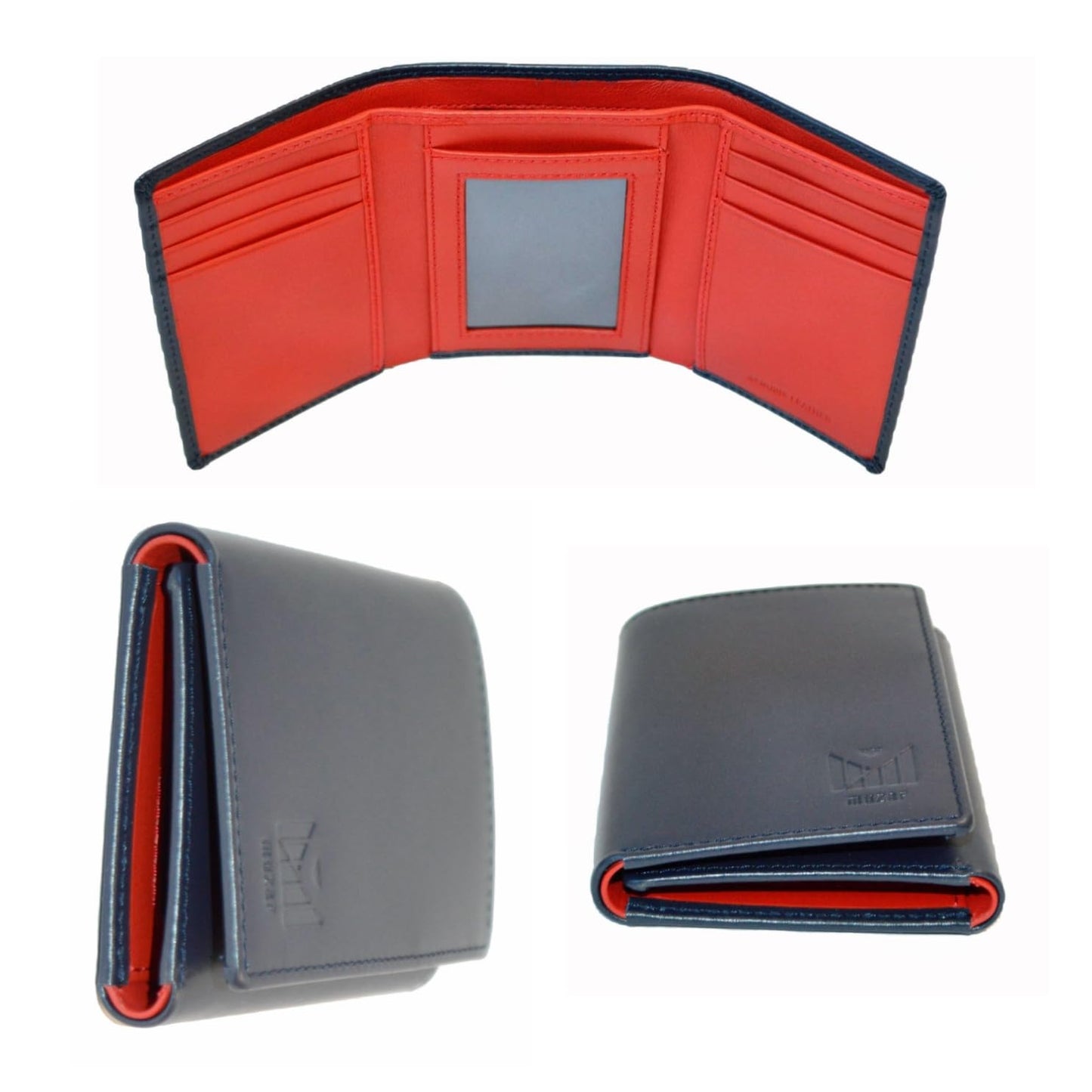 muzaf Trifold Premium Leather Wallet for Men with RFID Blocking (Navy Red)