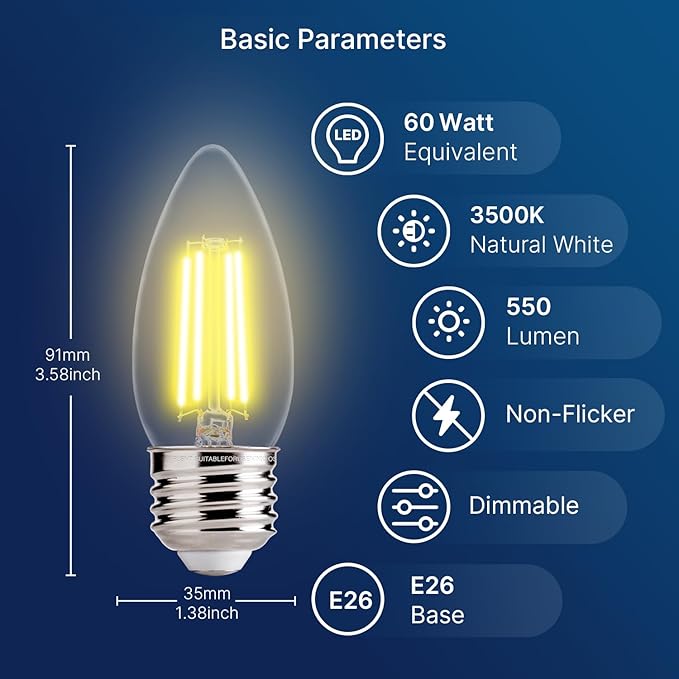 FLSNT 60W Equivalent LED Chandelier Light Bulbs, Dimmable LED B11 E26 Candelabra Base Bulbs, 3500K Natural White, 550LM, 24 Pack UL,CA65 Listed.