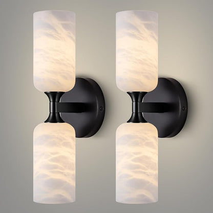 Alabaster Wall Sconce Set of 2, 14in Modern Spanish Natural Marble Bathroom Vanity Sconces, Indoor Black Wall Lighting Fixtures Decor for Bedroom Living Room Staircases
